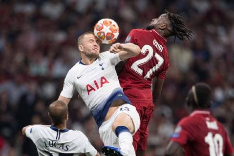 Madrid, Spain, 01 06 2019, UEFA Champions League 2018 19 Season, Final, Tottenham Hotspur FC Liverpool, Eric Dier Tottenham Hotspur and Divock Origi Liverpool FC battle for the ball Defodi 01059001219 Defodi-059