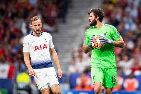 190601 Goalkeeper Alisson Becker of Liverpool and Harry Kane of Tottenham during the UEFA Champions League final between Tottenham and Liverpool on June 1, 2019 in Madrid Photo Petter Arvidson BILDBYRAN kod PA 92302,  Copyright: PETTERxARVIDSON BB190601PA169