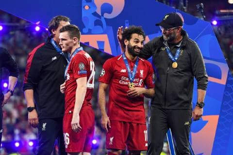 190601 Mohamed Salah and Head coach Jürgen Klopp in the podium after the UEFA Champions League final between Tottenham and Liverpool on June 1, 2019 in Madrid Photo Petter Arvidson BILDBYRAN kod PA 92302,  Copyright: PETTERxARVIDSON BB190601PA227