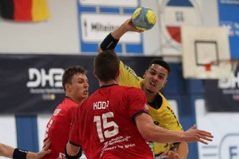 SG Flensburg Handewitt vs. Rhein Neckar Loewen, Handball, Male A Youth, German Championship, Final, Bundesliga, 01 06 19 Philipp Ahouansou Nr 19, Rhein Neckar Loewen vs. Lars Kooij Nr 15, SG Flensburg Handewitt xmmkx