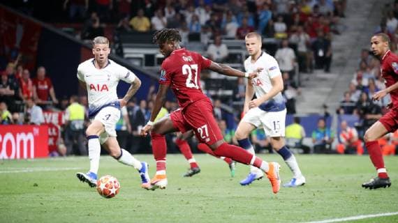 UEFA Champions League Final 2019 Tottenham Hotspurs FC Liverpool Spain, Madrid, 01 06 2019, Football, UEFA Champions League, Season 2018 2019, Final in Madrid, Tottenham Hotspurs FC Liverpool v l Tobi Aldereiweld Tottenham Hotspurs , Divock Origi FC Liverpool Goal 0 2 Origi, DFL DFB REGULATIONS PROHIBIT ANY USE OF PHOTOGRAPHS ASAGE SEQUENCES AND OR QUASI VIDEO