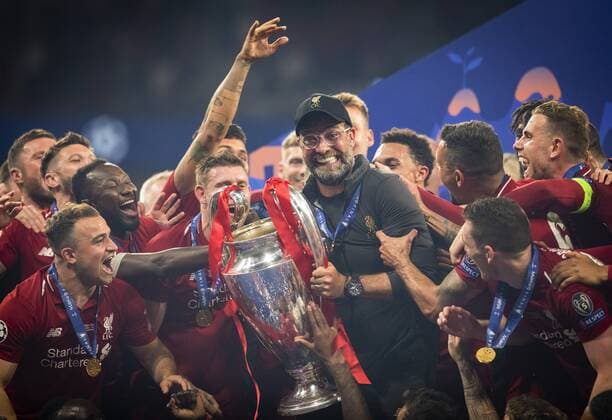 Madrid, 01 06 2019 Coach Jürgen Klopp Liverpool with trophy, Xherdan Shaqiri Liverpool , Naby Keita Liverpool , James Milner Liverpool , Dejan Lovren Liverpool , Jordan Henderson Liverpool Tottenham Hotspur FC Liverpool