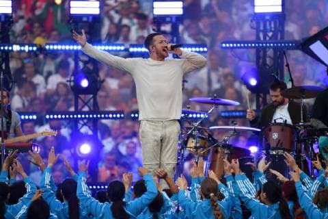 Imagine Dragons Rockband from the USA with singer Dan Reynolds at their performance Football Champions League Final 2019 Tottenham Hotspur Liverpool FC 0 2, season2018 19, on 01 06 2019, stadium Wanda Metropolitano