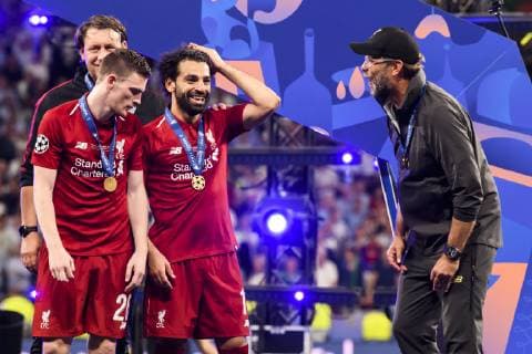 01 06 2019, xkvx, Football UEFA Champions League Final, Tottenham Hotspur FC Liverpool emspor, v l Head Coach Coach Juergen Klopp FC Liverpool celebrates with Team Andrew Robertson FC Liverpool , Mohamed Salah FC Liverpool DFL DFB REGULATIONS PROHIBIT ANY USE OF PHOTOGRAPHS as IMAGE SEQUENCES and or QUASI VIDEO Madrid