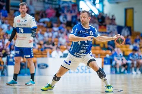 Daniel Wernig 9 TV 05 07 Huettenberg during the match in the Handball 2 Bundesliga Mens Season 2018 2019 between Dessau Rosslauer HV 06 and TV 05 07 Hüttenberg in the Anhalt Arena on 1 June 2019 in Dessau Rosslau, Saxony Anhalt, Germany