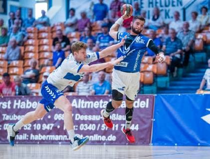 Justin Lee Milkow 27 Dessau Rosslauer HV 06 during the match in the Handball 2 Bundesliga Men Season 2018 2019 between Dessau Rosslauer HV 06 and TV 05 07 Hüttenberg in the Anhalt Arena on 1 June 2019 in Dessau Rosslau, Saxony Anhalt, Germany