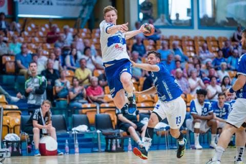 Johannes Wasielewskie 18 Dessau Rosslauer HV 06 , Tim Lauer 13 TV 05 07 Huettenberg during the match in Handball 2 Bundesliga Men Season 2018 2019 between Dessau Rosslauer HV 06 and TV 05 07 Hüttenberg in the Anhalt Arena on 1 June 2019 in Dessau Rosslau, Saxony Anhalt, Germany