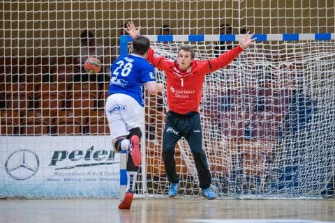 Dominik Plaue 1 Dessau Rosslauer HV 06 , Tobias Hahn 26 TV 05 07 Huettenberg during the match in the Handball 2 Bundesliga Men Season 2018 2019 between Dessau Rosslauer HV 06 and TV 05 07 Hüttenberg in the Anhalt Arena on 1 June 2019 in Dessau Rosslau, Saxony Anhalt, Germany
