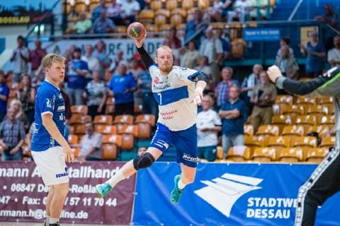 Libor Hanisch 7 Dessau Rosslauer HV 06 during the match in the Handball 2 Bundesliga Men Season 2018 2019 between Dessau Rosslauer HV 06 and TV 05 07 Hüttenberg in the Anhalt Arena on 1 June 2019 in Dessau Rosslau, Saxony Anhalt, Germany