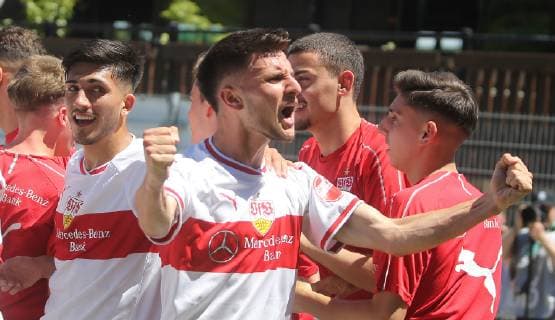Final German Championship A Juniors U19 VfB Stuttgart U19 Borussia Dortmund Germany, Großaspach, 02 06 2019, Soccer, A Juniors, Final German Championship, Season 2018 2019, U19 VfB Stuttgart U19 Borussia Dortmund Leon Dajaku VFb Scorer for 2 1 cheers