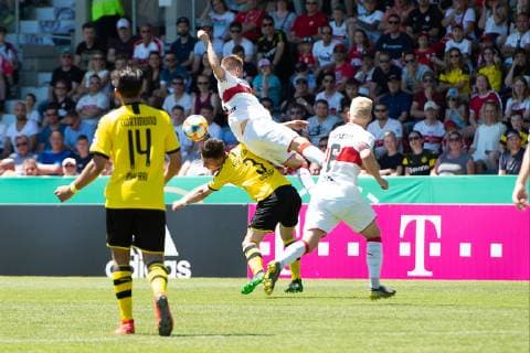 Tobias Missner Borussia Dortmund 03 , in duel with Manuel Reutter VfB Stuttgart 02 , VfB Stuttgart U19 vs. Borussia Dortmund U19, football, men, U19, final German Championship, season 18 19, GER, 02 06 2019, DFB REGULATIONS PROHIBIT ANY USE OF PHOTOGRAPHS AS IMAGE SEQUENCES AND OR QUASI VIDEO, VfB Stuttgart U19 vs. Borussia Dortmund U19, Football, Men, U19, Final German Championship, Season 18 19, GER, 02 06 2019 Grossaspach Copyright: xEibner Wolfgang_Frankx EP_WFK