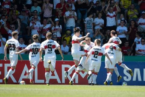 Goal to 1 0 by Antonis Aidonis VfB Stuttgart 04 , goal celebration joy, VfB Stuttgart U19 vs. Borussia Dortmund U19, football, men, U19, final German Championship, season 18 19, GER, 02 06 2019, DFB REGULATIONS PROHIBIT ANY USE OF PHOTOGRAPHS AS IMAGE SEQUENCES AND OR QUASI VIDEO, VfB Stuttgart U19 vs. Borussia Dortmund U19, Football, Men, U19, Final German Championship, Season 18 19, GER, 02 06 2019 Grossaspach Copyright: xEibner Wolfgang_Frankx EP_WFK