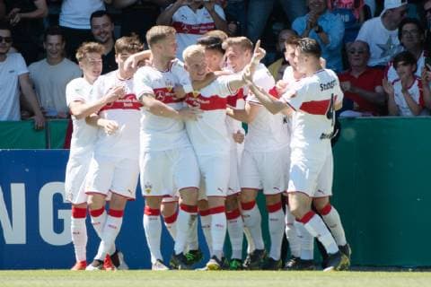Goal to 1 0 by Antonis Aidonis VfB Stuttgart 04 , goal celebration joy, VfB Stuttgart U19 vs. Borussia Dortmund U19, football, men, U19, final German Championship, season 18 19, GER, 02 06 2019, DFB REGULATIONS PROHIBIT ANY USE OF PHOTOGRAPHS AS IMAGE SEQUENCES AND OR QUASI VIDEO, VfB Stuttgart U19 vs. Borussia Dortmund U19, Football, Men, U19, Final German Championship, Season 18 19, GER, 02 06 2019 Grossaspach Copyright: xEibner Wolfgang_Frankx EP_WFK