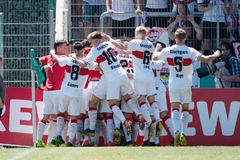 Goal celebration VfB, VfB Stuttgart U19 vs. Borussia Dortmund U19, football, men, U19, final German Championship, season 18 19, GER, 02 06 2019, DFB REGULATIONS PROHIBIT ANY USE OF PHOTOGRAPHS AS IMAGE SEQUENCES AND OR QUASI VIDEO, VfB Stuttgart U19 vs. Borussia Dortmund U19, Football, Men, U19, Final German Championship, Season 18 19, GER, 02 06 2019 Grossaspach Copyright: xEibner Wolfgang_Frankx EP_WFK