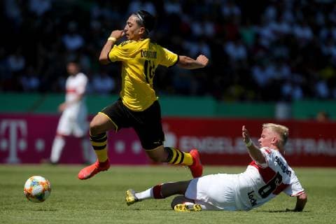 Aspach, Germany 30 05 2019, German A Junior Championship, A Junior Final VfB Stuttgart BV Borussia Dortmund, Immanuel Pherai BVB U19 and Per Lockl VfB U19 in the total Defodi 09 541 017307 Defodi-541