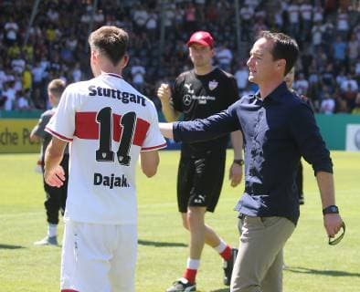 Final German Championship A Juniors U19 VfB Stuttgart U19 Borussia Dortmund Germany, Großaspach, 02 06 2019, Football, A Juniors, Final German Championship, Season 2018 2019, U19 VfB Stuttgart U19 Borussia Dortmund Nr 11 Leon Dajaku VFB with Nico Willig Ex Interim Trainer