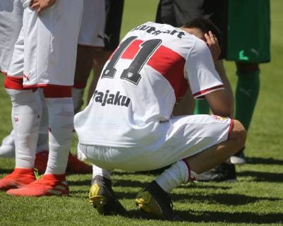 Final German Championship A Juniors U19 VfB Stuttgart U19 Borussia Dortmund Germany, Großaspach, 02 06 2019, Football, A Juniors, Final German Championship, Season 2018 2019, U19 VfB Stuttgart U19 Borussia Dortmund Nr 11 Leon Dajaku VFB disappointed on the ground