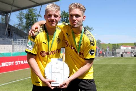 Aspach, Germany 02 06 2019, German A Junior Championship, A Junior Final VfB Stuttgart BV Borussia Dortmund, Malte Wengerowski BVB U19 and Felix Schluesselburg BVB U19 after the victory Defodi 09 541 017334 Defodi-541