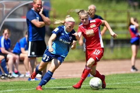 Antonia Hornberg SG Andernach,31 wins against Marta Schrey Union BErlin,19, 02 06 2019, Andernach, Football, Relegation Promotion 2 Womens Bundesliga SG 99 Andernach 1 FC Union Berlin, DFB DFL REGULATIONS PROHIBIT ANY USE OF PHOTOGRAPHS AS IMAGE SEQUENCES AND OR QUASI VIDEO xmkx
