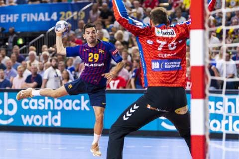 Cologne, Germany 02 June 2019 Handball EHF CL Game Place 3 FC Barcelona vs PGE Vive Kielce v li Nemanja Ilic Barcelona , Vladimir Cupara Kielce Cologne Lanxess Arena Germany