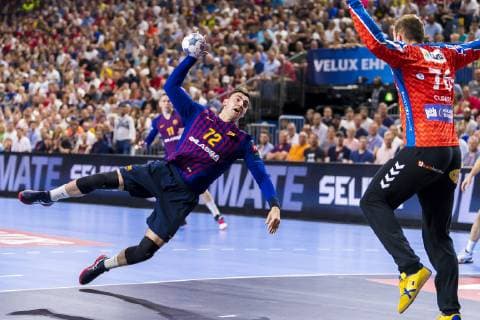 Cologne, Germany 02 June 2019 Handball EHF CL Game Place 3 FC Barcelona vs PGE Vive Kielce v li Ludovic Fabregas Barcelona , Vladimir Cupara Kielce Köln Lanxess Arena Germany