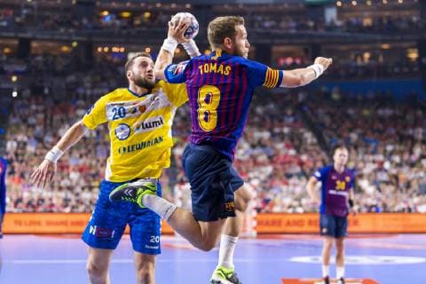 Cologne, Germany 02 June 2019 Handball EHF CL Match Place 3 FC Barcelona vs PGE Vive Kielce v li Mariusz Jurkiewicz Kielce , Victor Tomas Gonzalez Barcelona Cologne Lanxess Arena Germany