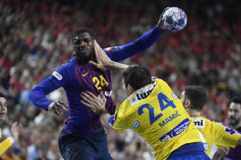 Marko Mamic PGE Vive Kielce attacks Dika Mem FC Barcelona Lassa , Handball, Men, Velux EHF Final Four, Match for 3rd place, FC Barcelona Lassa vs PGE Vieve Kielce, 02 06 19 Cologne Lanxess Arena Nordrhein Westfalen Germany
