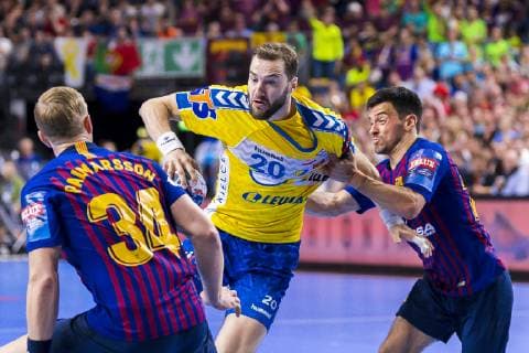 Cologne, Germany 02 June 2019 Handball EHF CL Game Place 3 FC Barcelona vs PGE Vive Kielce v li Aron Palmarsson Barcelona , Mariusz Jurkiewicz Kielce , Nemanja Ilic Barcelona Cologne Lanxess Arena Germany