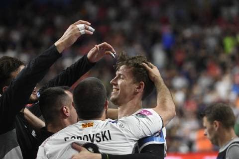 Christian Dissinger HC Vardar and his team cheered on after 27 24 victory, Handball, Men, Velux EHF Final Four, Final, HC Vardar vs. Telekom Veszprem, 02 06 19 Cologne Lanxess Arena Nordrhein Westfalen Germany