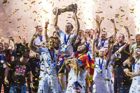 Cologne, Germany 02 June 2019 Handball EHF CL Final HC Vardar Skopje vs. Telekom Veszprem Champions League Winner 2019, HC Vardar Skopje, Igor Karacic HC Vardar raises the trophy to the heights Cologne Lanxess Arena Germany