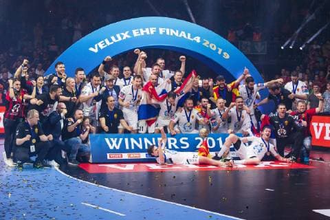 Cologne, Germany 02 June 2019 Handball EHF CL Final HC Vardar Skopje vs Telekom Veszprem the team of HC Vardar, final cheer final cheer emotion joy Cologne Lanxess Arena Germany