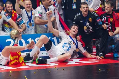 Cologne, Germany 02 June 2019 Handball EHF CL Final HC Vardar Skopje vs Telekom Veszprem Christian Dissinger HC Vardar Jubilation Joy Emotions Goal Scorers Goalscorers Goalscorers Lanxess Arena Cologne Germany