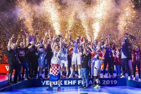 Cologne, Germany 02 June 2019 Handball EHF CL Final HC Vardar Skopje vs. Telekom Veszprem Champions League Winner 2019, HC Vardar Skopje, Igor Karacic HC Vardar raises the trophy to the heights Cologne Lanxess Arena Germany