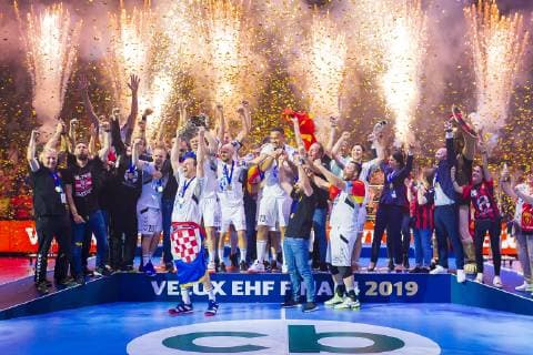 Cologne, Germany 02 June 2019 Handball EHF CL Final HC Vardar Skopje vs. Telekom Veszprem Champions League Winner 2019, HC Vardar Skopje, Igor Karacic HC Vardar raises the trophy to the heights Cologne Lanxess Arena Germany