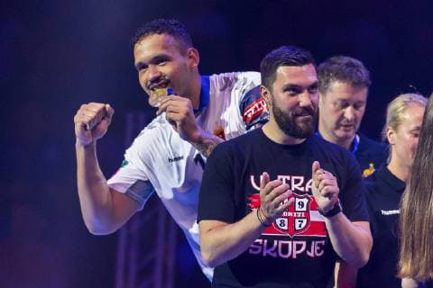 Cologne, Germany 02 June 2019 Handball EHF CL Final HC Vardar Skopje vs Telekom Veszprem Rogerio Ferreira Moreas HC Vardar with the medal Cologne Lanxess Arena Germany
