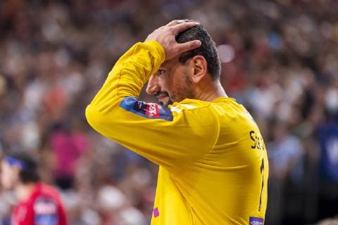 Cologne, Germany 02 June 2019 Handball EHF CL Final HC Vardar Skopje vs. Telekom Veszprem Goalkeeper Arpad Sterbik Veszprem dissatisfied disappointed disappointed down frustrated, Cologne Lanxess Arena Germany