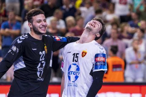 Cologne, Germany 02 June 2019 Handball EHF CL Final HC Vardar Skopje vs Telekom Veszprem Kalifa Ghedbane HC Vardar , Christian Dissinger HC Vardar Jubel Freude Emotion Cologne Lanxess Arena Germany