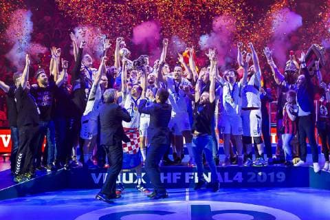 Cologne, Germany 02 June 2019 Handball EHF CL Final HC Vardar Skopje vs. Telekom Veszprem Champions League Winner 2019, the team of HC Vardar Skopje, Igor Karacic HC Vardar raises the trophy to the heights Cologne Lanxess Arena Germany