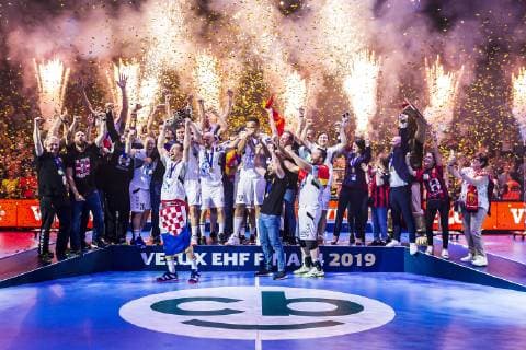 Cologne, Germany 02 June 2019 Handball EHF CL Final HC Vardar Skopje vs. Telekom Veszprem Champions League Winner 2019, the team of HC Vardar Skopje, Igor Karacic HC Vardar raises the trophy to the heights Cologne Lanxess Arena Germany