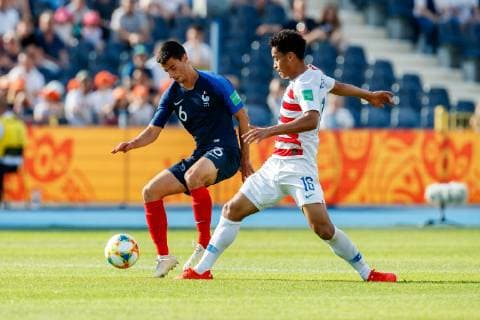 Bydgoszcz, Poland, 04 06 2019, FIFA World Cup Poland 2019, Round of 16, France USA, Enzo Loiodice FRA and Brandon Servania USA in the total Defodi 01048 179624 Defodi-048