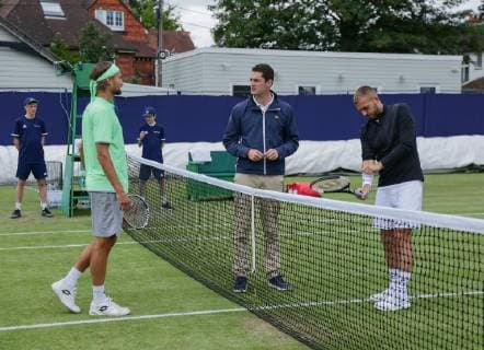 Surbiton Trophy Day Three Ruben Bemelmans of Belgium and Dan Evans of Great Britain await the coin toss before their match on Centre Court on Day Three of the Surbiton Trophy at the Surbiton Racket & Fitness Club, Surbiton Content Not Available For UK Newspapers Copyright: xStevexO Sullivanx FIL-13324-0107