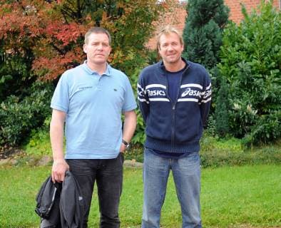 THW Kiel coach Alfred Gislason with HSV coach Martin Schwalb right, Toyota Handball Bundesliga, men, press conference, 30 09 2008 Kiel Sparkassen Arena Schleswig Holstein Germany
