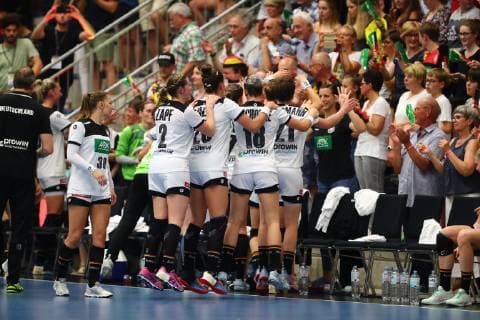 The German players celebrate the qualification for the World Cup Germany vs. Croatia, Handball, World Cup qualification, 05 06 2019 Germany vs. Croatia, Handball, World Cup qualification, 05 06 2019 Hamm Copyright: xEIBNER RenexWeissx EP_RWS