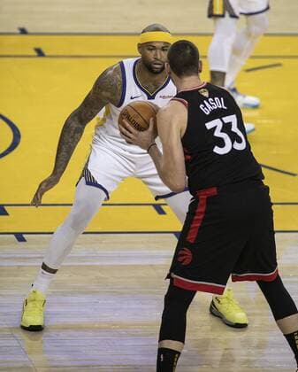 June 5, 2019 - Oakland, California, United States of America - Marc Gasol 33 of the Toronto Raptors looks to get past DeMarcus Cousins 0 of the Golden State Warriors during Game 3 of the NBA, Basketball Herren, USA Finals on Wednesday June 5, 2019 at Oracle Arena in Oakland, California. JAVIER ROJAS PI Warriors vs. Raptors, Game 3 - ZUMAp124 20190605_zaa_p124_004 Copyright: xJavierxRojas Pix