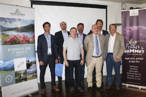 Henri Leconte - Etienne Jacquet (Maire des Contamines Montjoie) - Yann Maitre (Directeur de l Open des Contamines) - Julien Mure (Directeur des Contamines Tourisme) TENNIS : Conference de presse Contamines Montjoie - Levallois Perret - 06 06 2019 MichaelBaucher Panoramic 