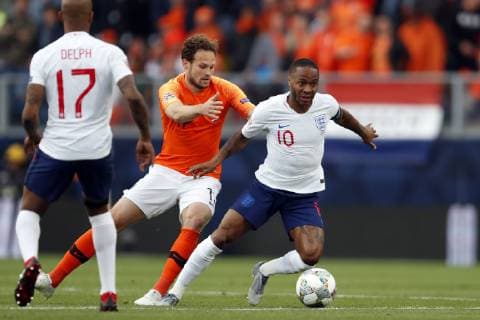 (l-r) Daley Blind of Holland, Raheem Sterling of England during the UEFA Nations League semi final match between The Netherlands and England at Estadio D. Afonso Henriques on June 06, 2019 in Guimaraes, Portugal UEFA Nations League 2018 2019 xVIxVIxImagesx xMauricexvanxSteenxIVx 14674900