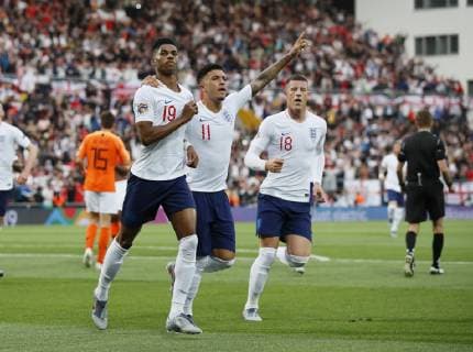 Marcus Rashford of England celebrates scoring the first goal during the UEFA Nations League match at D. Afonso Henriques Stadium, Guimaraes. Picture date: 6th June 2019. Picture credit should read: David Klein Sportimage EDITORIAL USE ONLY. No use with unauthorised audio, video, data, fixture lists, club league logos or live services. Online in-match use limited to 120 images, no video emulation. No use in betting, games or single club league player publications. SPI-0093-0043