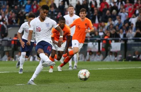 Netherlands v England UEFA Nations League Semi-Final Marcus Rashford of England scores their first goal from the penalty spot during the UEFA Nations League Semi-Final match at Estadio D. Afonso Henrique, Guimaraes Content Not Available For UK Newspapers Copyright: xPaulxChestertonx FIL-13327-0022
