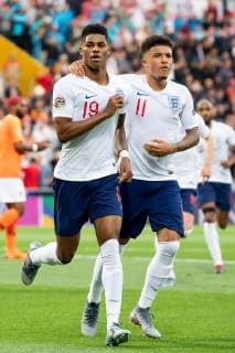 Guimaraes, Portugal, 06 06 201 2019, UEFA Nations League, semi-finals, Netherlands England, goal to 0 1, scorer Marcus Rashford ENG cheers with Jadon Sancho ENG Defodi 01053042433 Defodi-053 DF‹L REGULATIONS PROHIBIT ANY USE OF PHOTOGRAPHS AS IMAGE SEQUENCES AND OR QUASI-VIDEO.