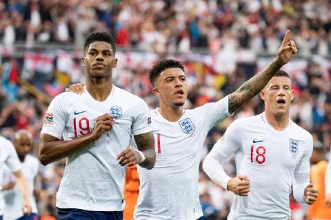 Guimaraes, Portugal, 06 06 201 2019, UEFA Nations League, semi-finals, Netherlands England, goal to 0 1, scorer Marcus Rashford ENG cheers with Jadon Sancho ENG Defodi 01053042436 Defodi-053 DF‹L REGULATIONS PROHIBIT ANY USE OF PHOTOGRAPHS AS IMAGE SEQUENCES AND OR QUASI-VIDEO.